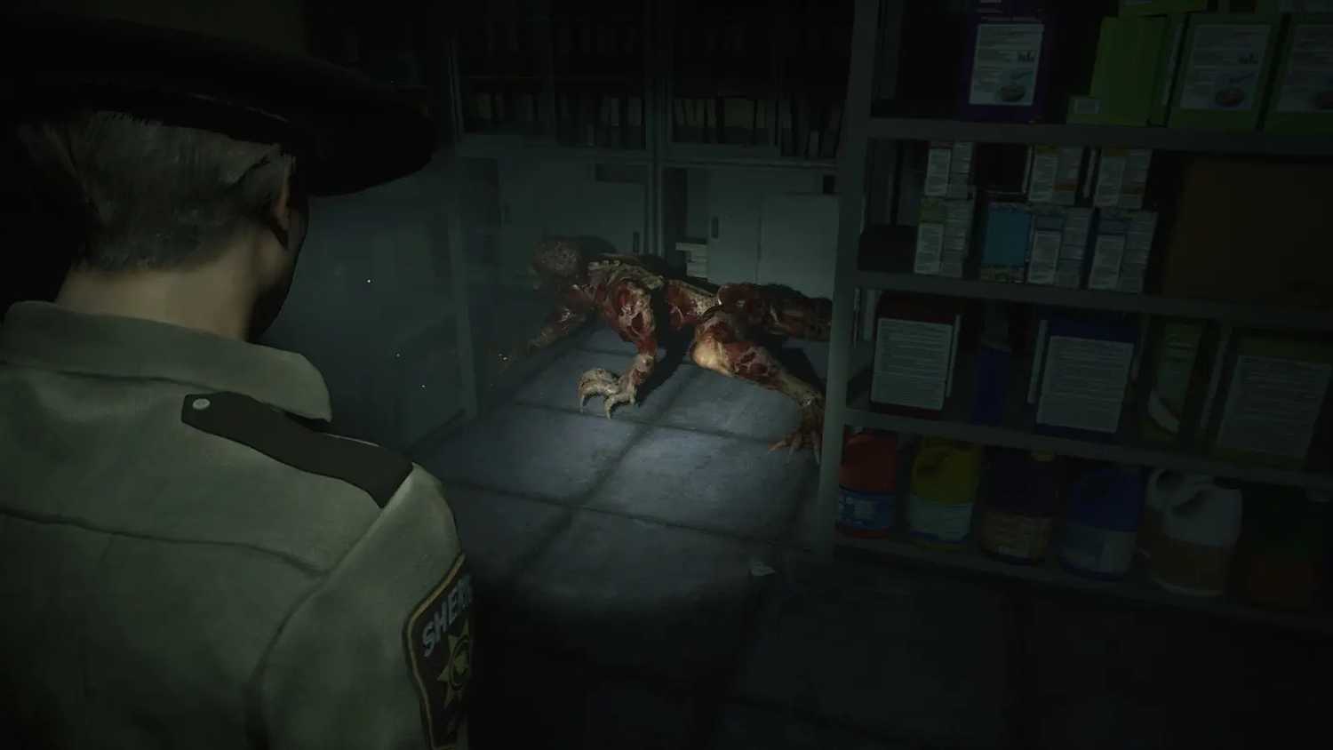 Screenshot of Resident Evil 2 video game with V-Act Nightmare mod installed of Licker zombie in storage room.