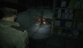 Screenshot of Resident Evil 2 video game with V-Act Nightmare mod installed of Licker zombie in storage room.