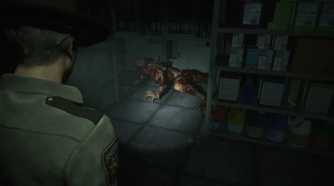Screenshot of Resident Evil 2 video game with V-Act Nightmare mod installed of Licker zombie in storage room.