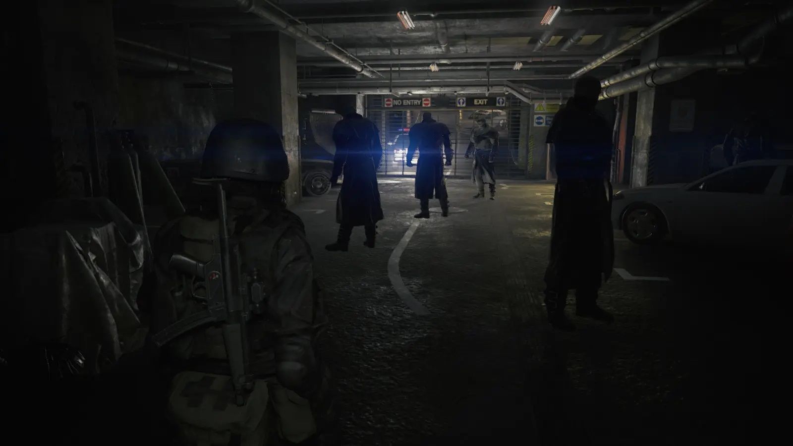 Screenshot of Resident Evil 2 video game with X-Treme Nightmare mod installed of four Mr. X characters in garage.