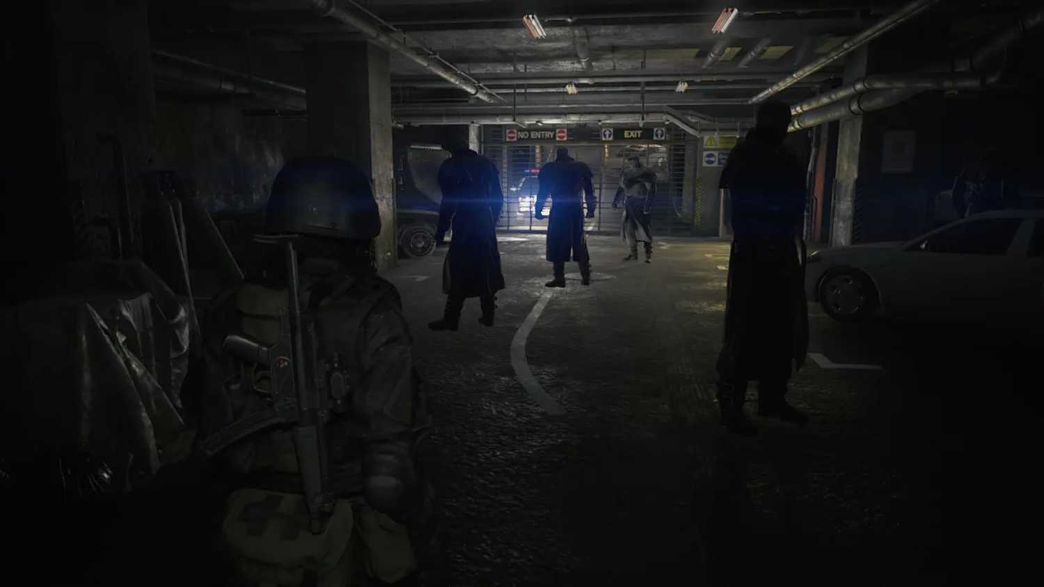 Screenshot of Resident Evil 2 video game with X-Treme Nightmare mod installed of four Mr. X characters in garage.