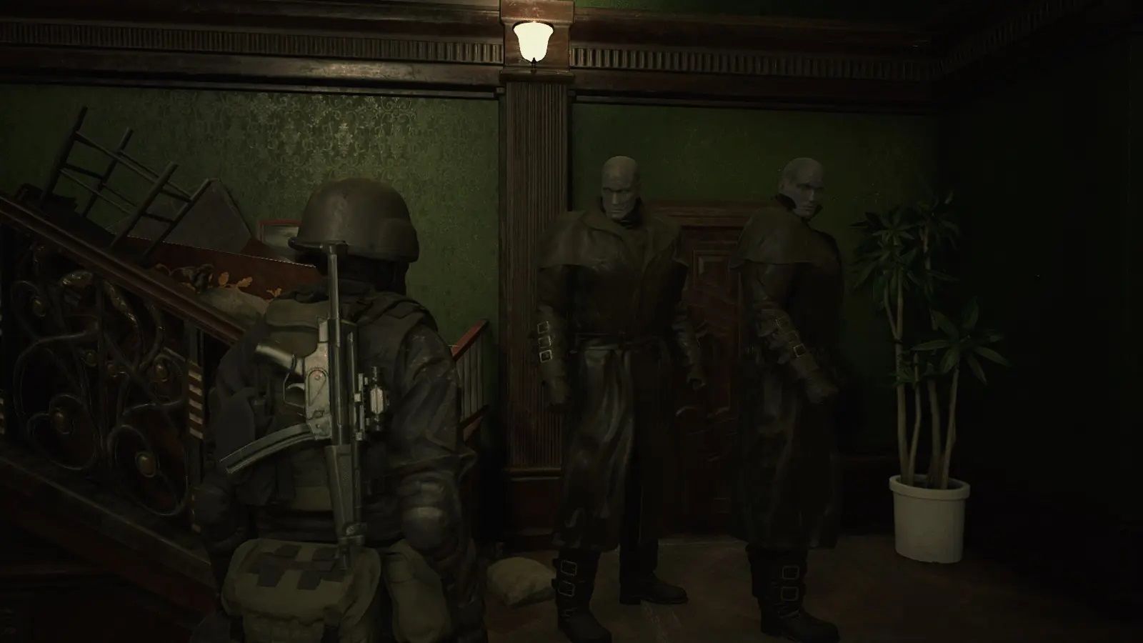 Screenshot of Resident Evil 2 video game with X-Treme Nightmare Mod installed of two Mr. X's moving towards player character in stairwell