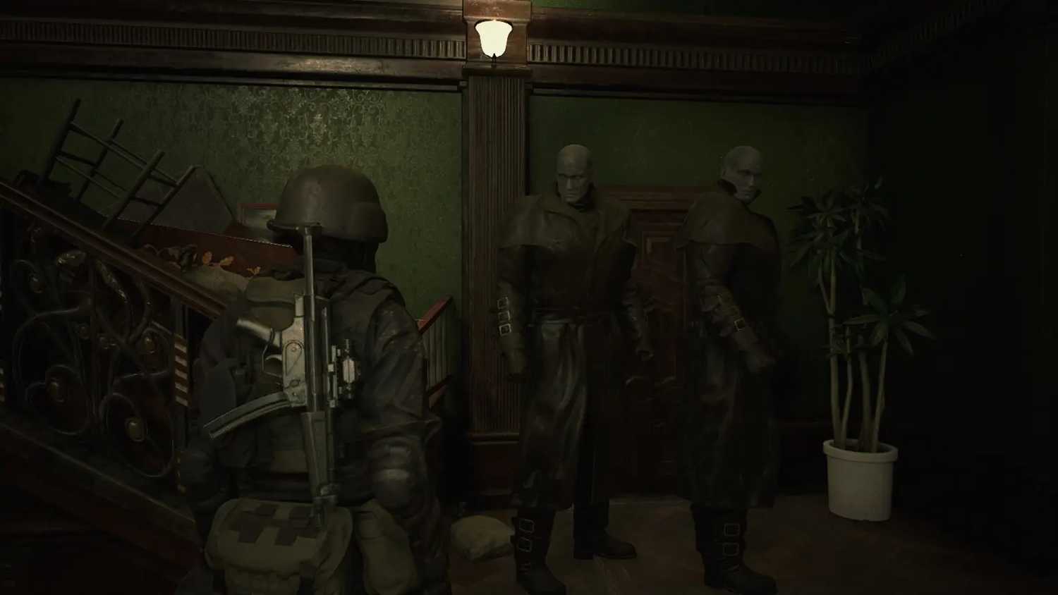 Screenshot of Resident Evil 2 video game with X-Treme Nightmare Mod installed of two Mr. X's moving towards player character in stairwell