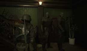 Screenshot of Resident Evil 2 video game with X-Treme Nightmare Mod installed of two Mr. X's moving towards player character in stairwell
