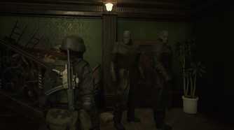 Screenshot of Resident Evil 2 video game with X-Treme Nightmare Mod installed of two Mr. X's moving towards player character in stairwell