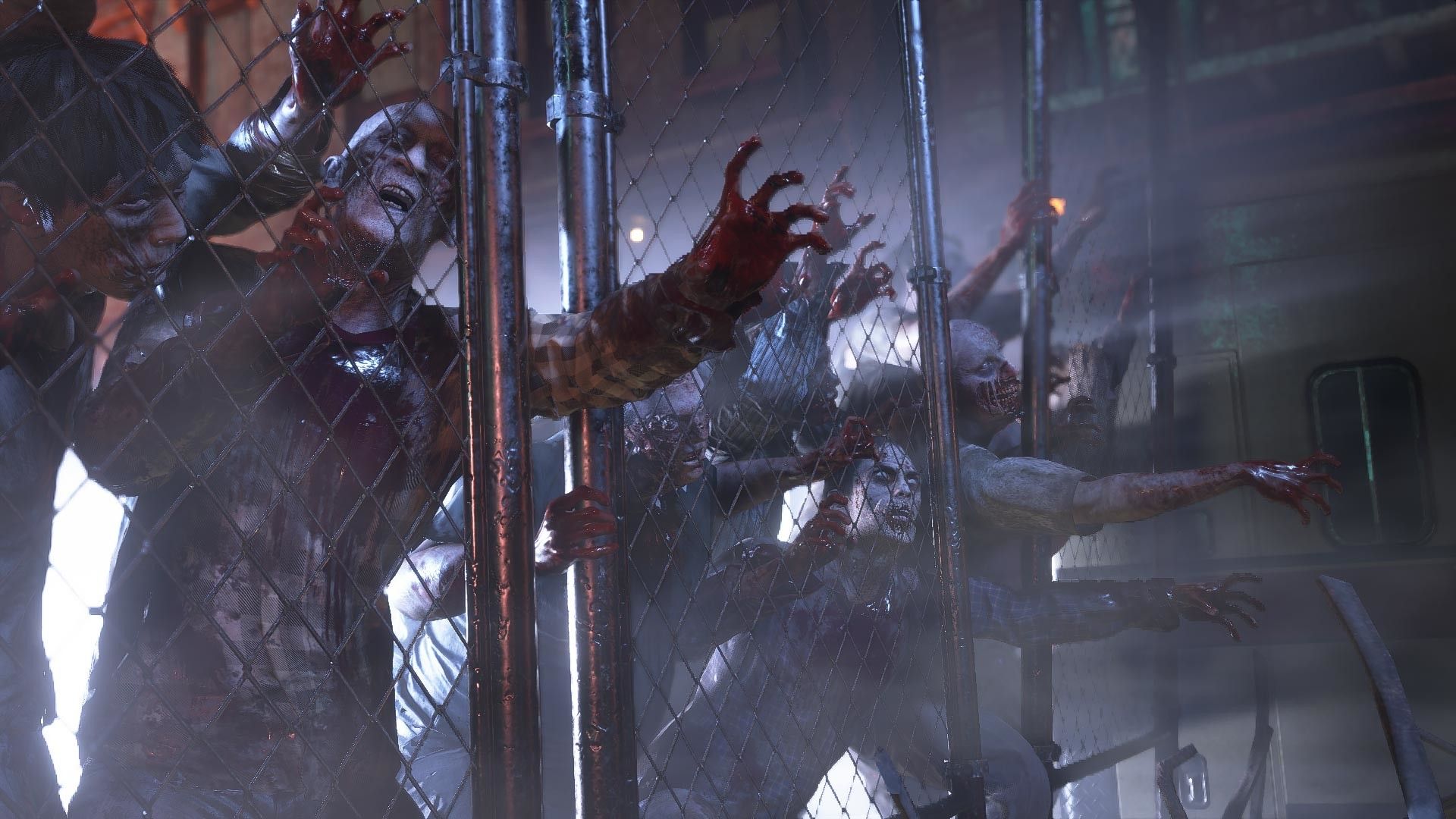 Screenshot from Resident Evil 3 Remake of zombies clamoring against a fence