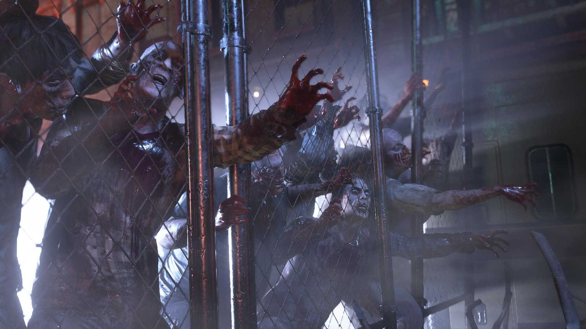 Screenshot from Resident Evil 3 Remake of zombies clamoring against a fence
