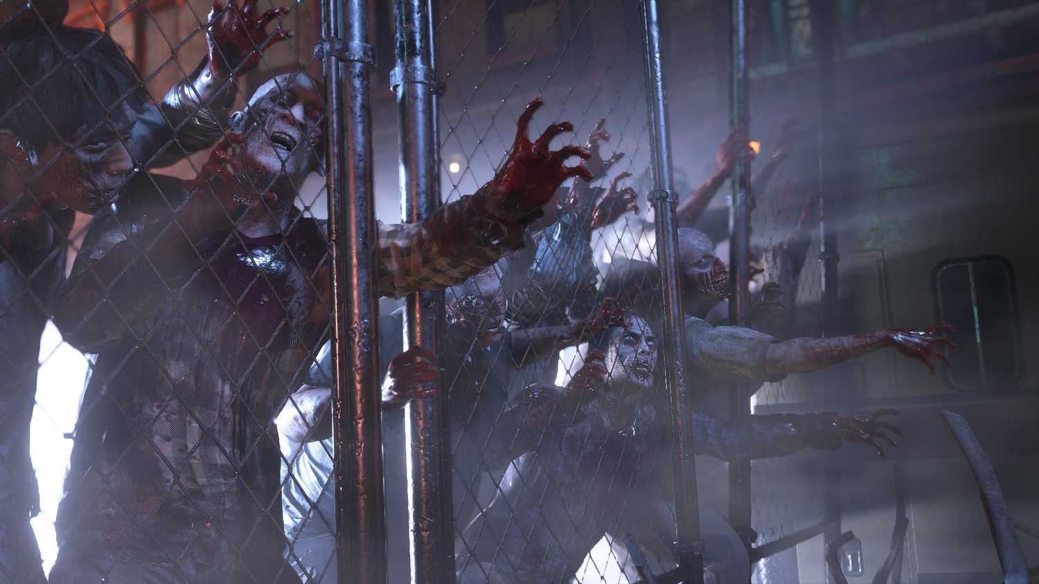 Screenshot from Resident Evil 3 Remake of zombies clamoring against a fence