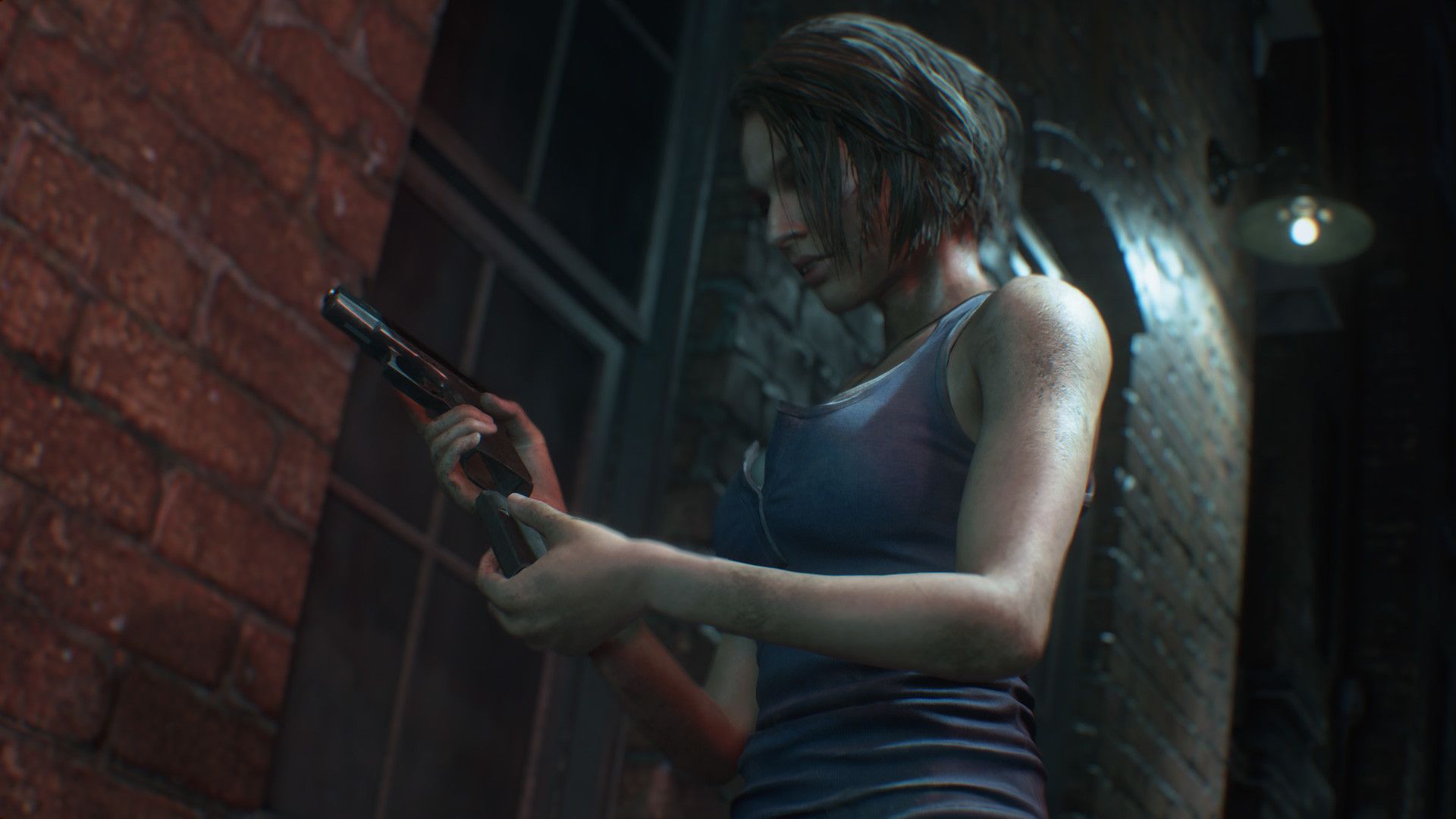 Screenshot from Resident Evil 3 Remake of character loading her gun in alleyway