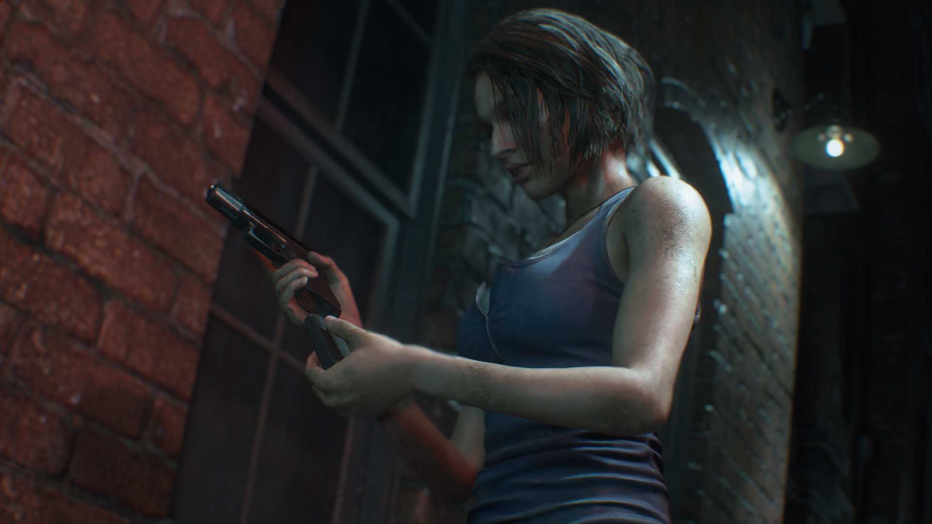 Screenshot from Resident Evil 3 Remake of character loading her gun in alleyway