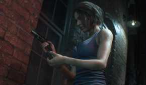 Screenshot from Resident Evil 3 Remake of character loading her gun in alleyway
