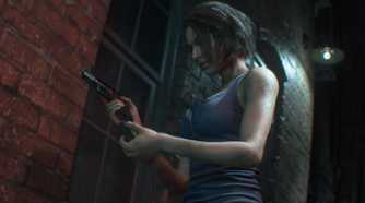Screenshot from Resident Evil 3 Remake of character loading her gun in alleyway