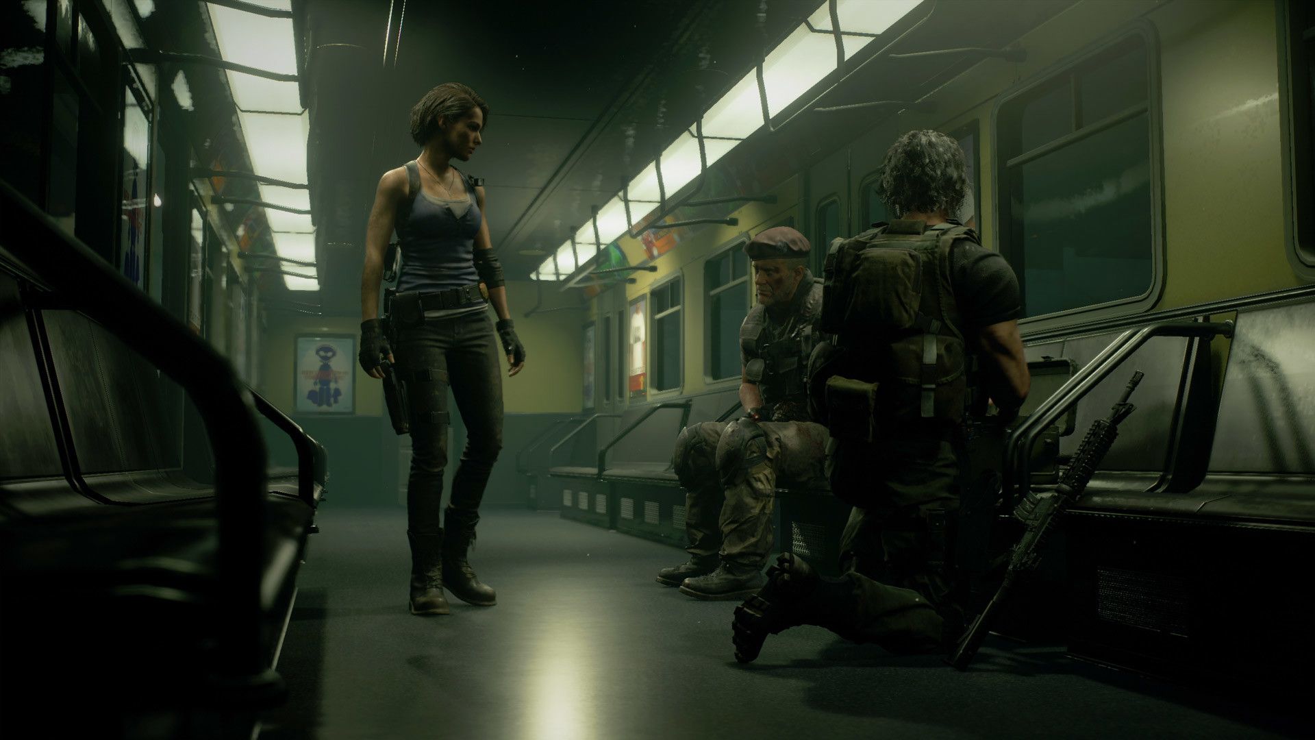Screenshot from Resident Evil 3 Remake of three characters talking on an empty subway car