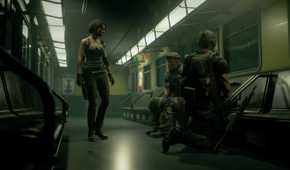 Screenshot from Resident Evil 3 Remake of three characters talking on an empty subway car