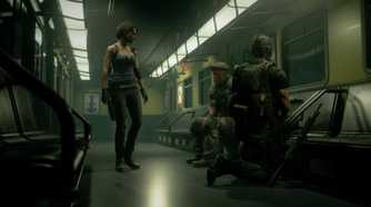 Screenshot from Resident Evil 3 Remake of three characters talking on an empty subway car