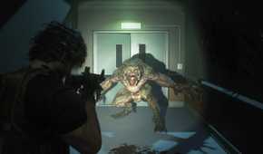 Screenshot from Resident Evil 3 Remake of player character shining a flashlight on a monster and aiming a rifle at it
