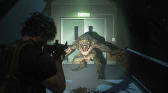 Screenshot from Resident Evil 3 Remake of player character shining a flashlight on a monster and aiming a rifle at it