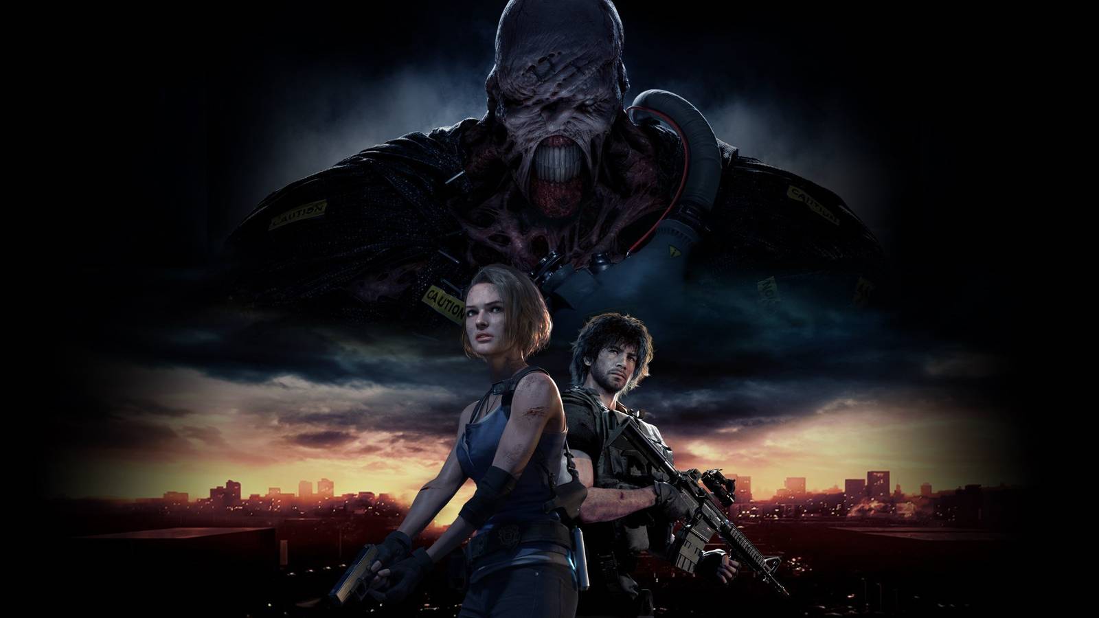 Key art for Resident Evil 3 Remake video game with large monster overshadowing two main characters