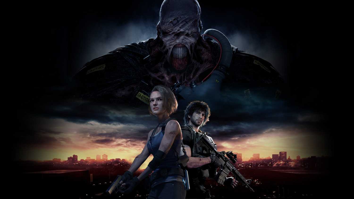Key art for Resident Evil 3 Remake video game with large monster overshadowing two main characters