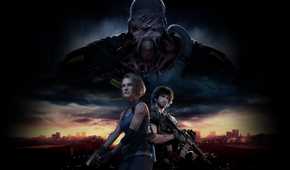 Key art for Resident Evil 3 Remake video game with large monster overshadowing two main characters