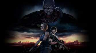 Key art for Resident Evil 3 Remake video game with large monster overshadowing two main characters