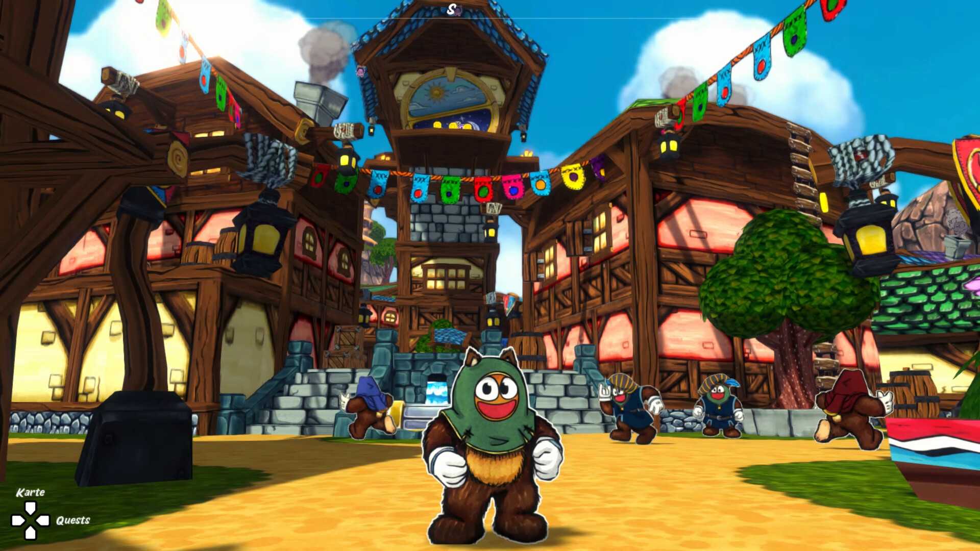 Screenshot from Ruffy and the Riverside video game of Ruffy standing in town square