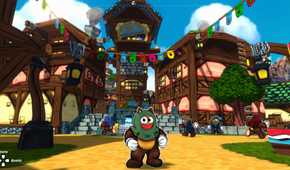 Screenshot from Ruffy and the Riverside video game of Ruffy standing in town square