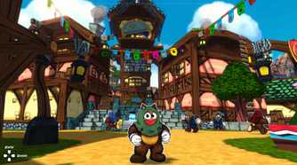Screenshot from Ruffy and the Riverside video game of Ruffy standing in town square