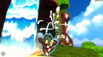 Screenshot from Ruffy and the Riverside video game of Ruffy swapping the texture from one piece of the environment to another