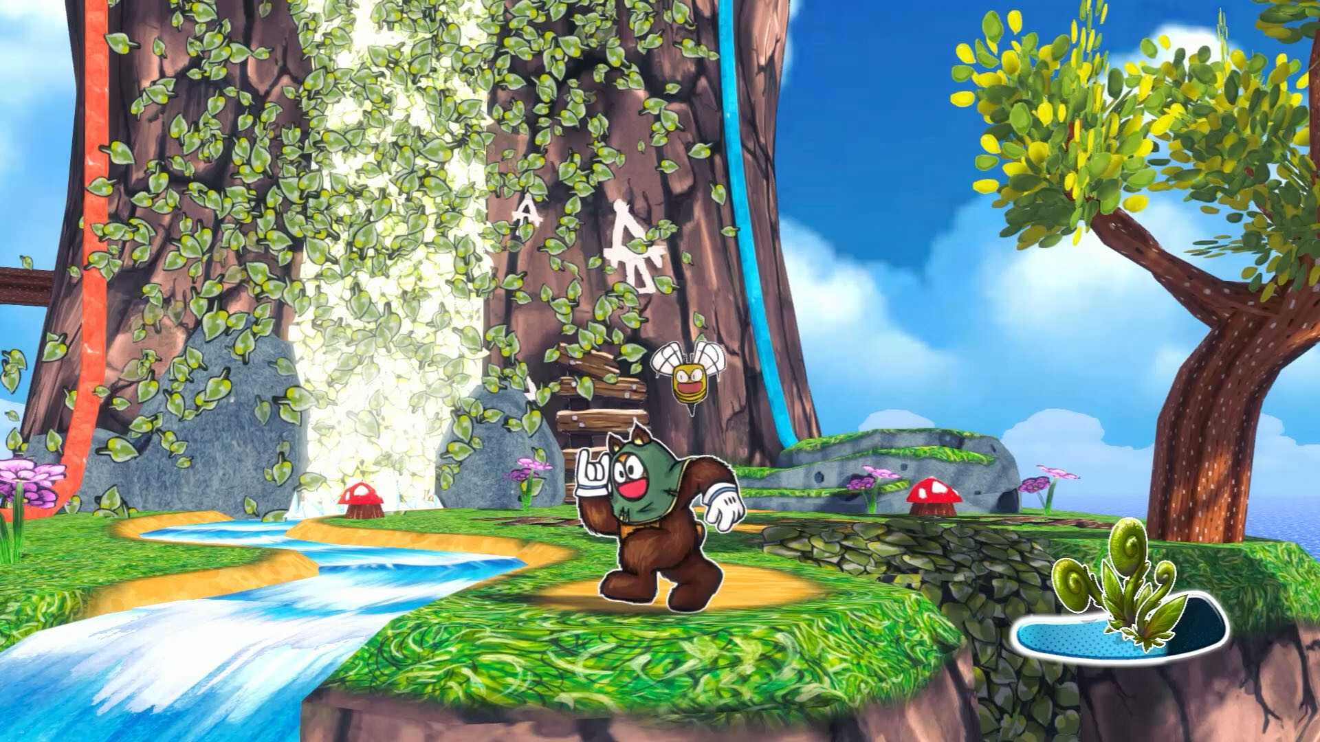 Screenshot from Ruffy and the Riverside video game of Ruffy dancing while a waterfall becomes green vines behind him