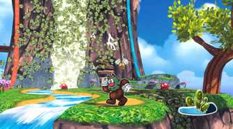 Screenshot from Ruffy and the Riverside video game of Ruffy dancing while a waterfall becomes green vines behind him