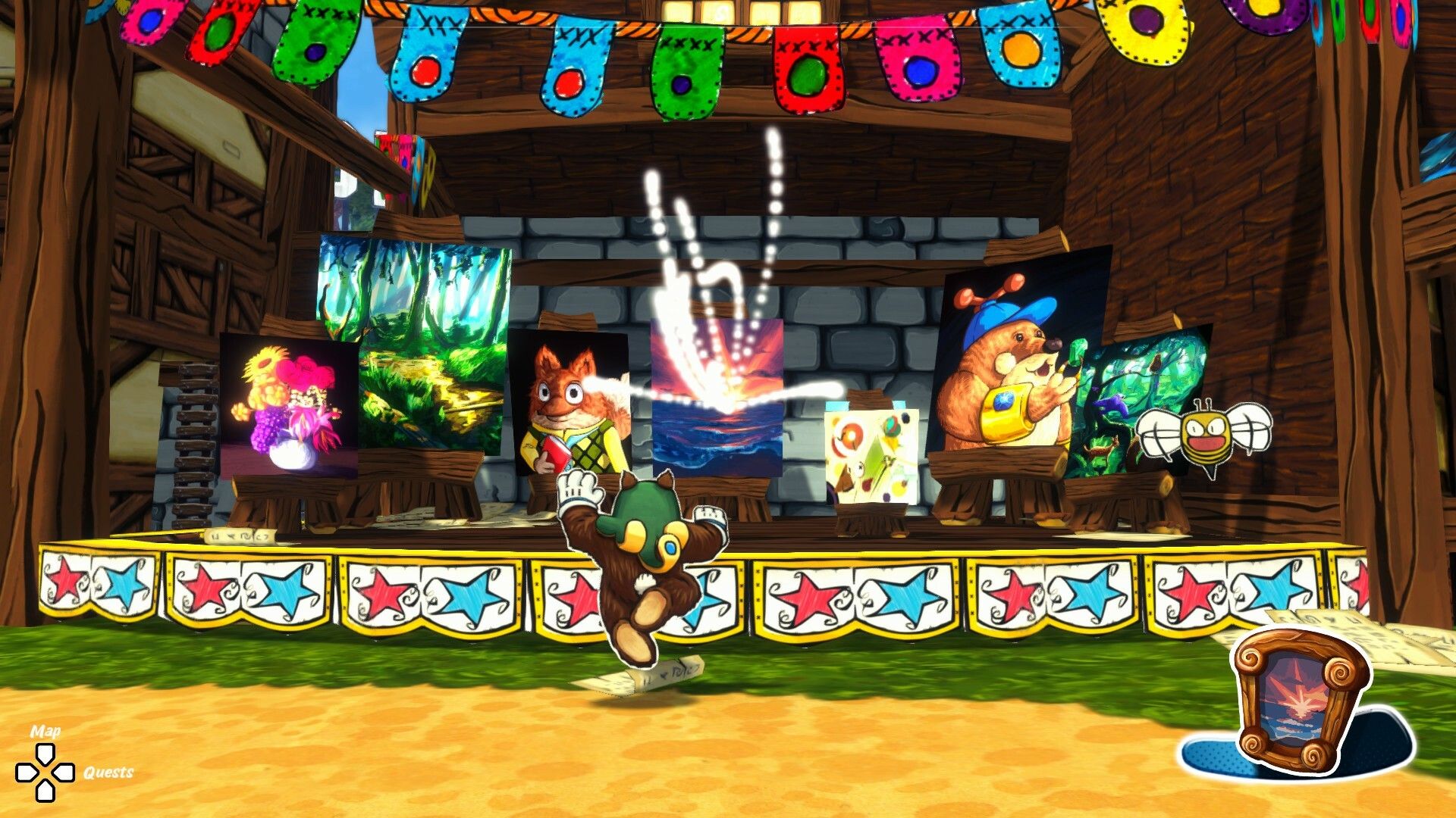 Screenshot from Ruffy and the Riverside video game of Ruffy swapping textures from a painting