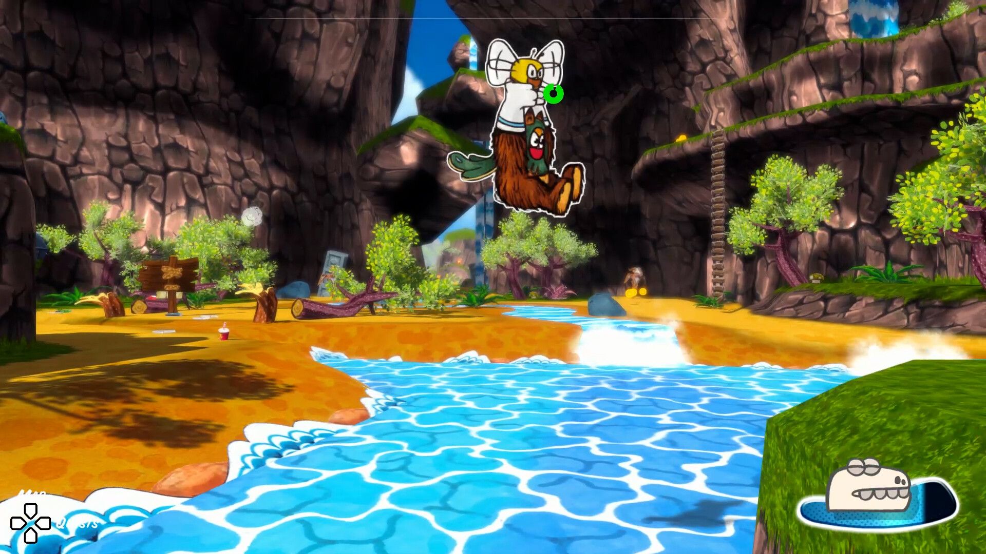 Screenshot from Ruffy and the Riverside video game of Ruffy floating above a stream by holding onto a bee