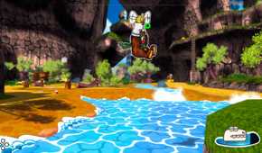 Screenshot from Ruffy and the Riverside video game of Ruffy floating above a stream by holding onto a bee