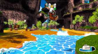 Screenshot from Ruffy and the Riverside video game of Ruffy floating above a stream by holding onto a bee