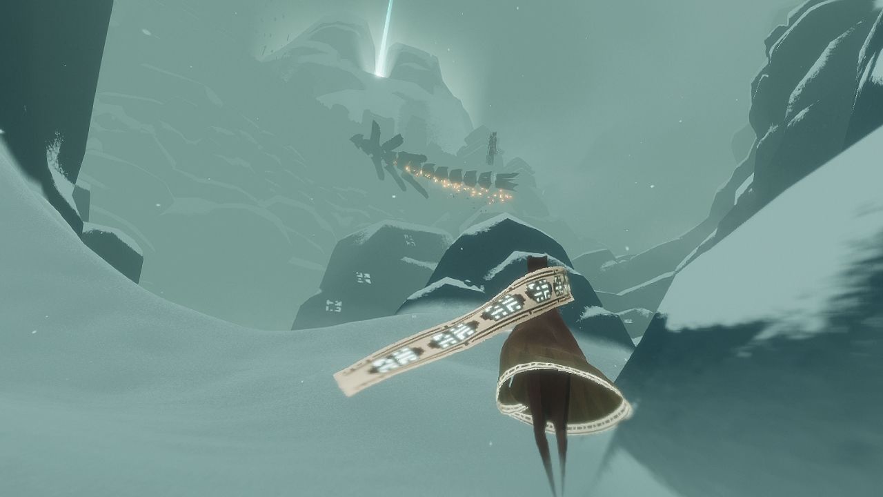 Journey character clijmbing snowy mountain