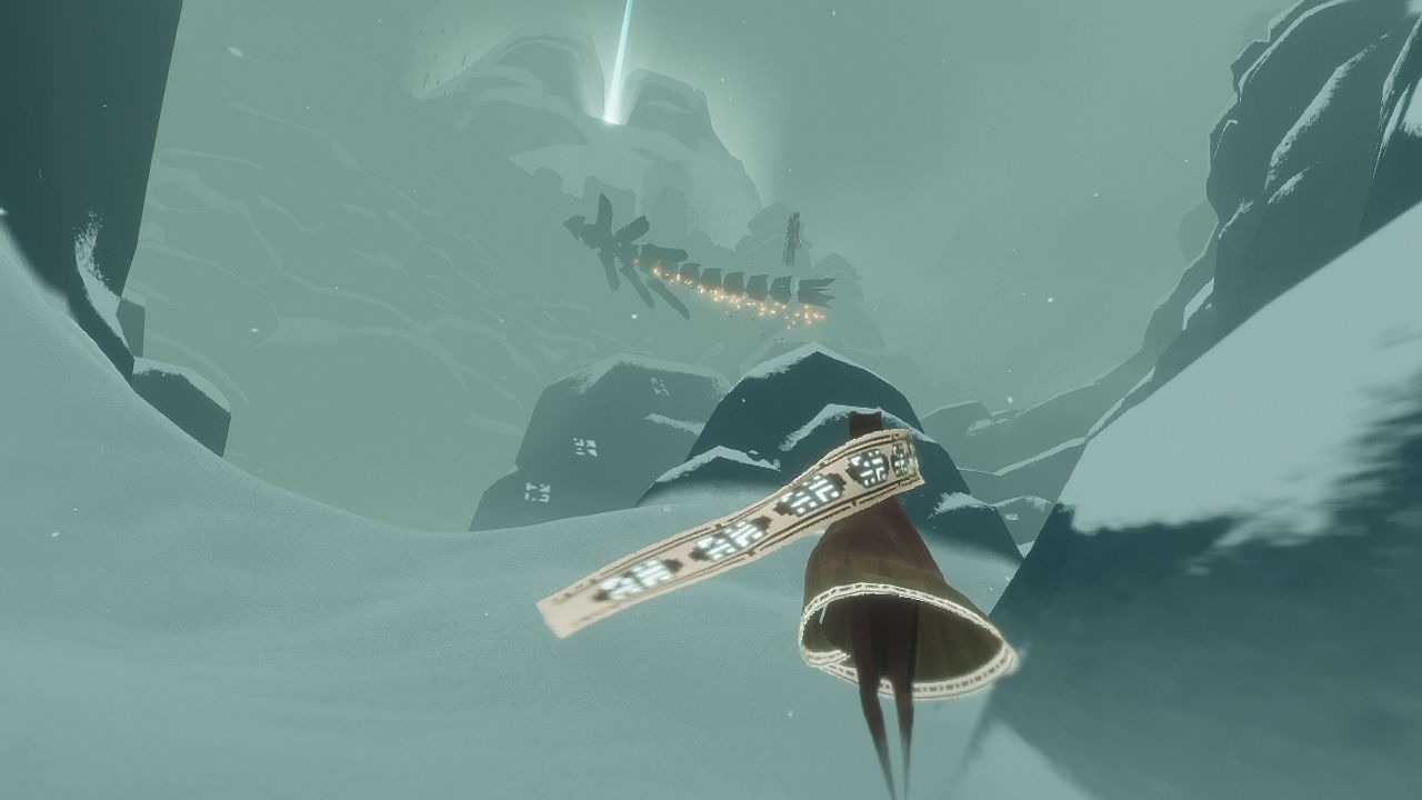 Journey character clijmbing snowy mountain