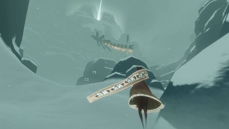Journey character clijmbing snowy mountain