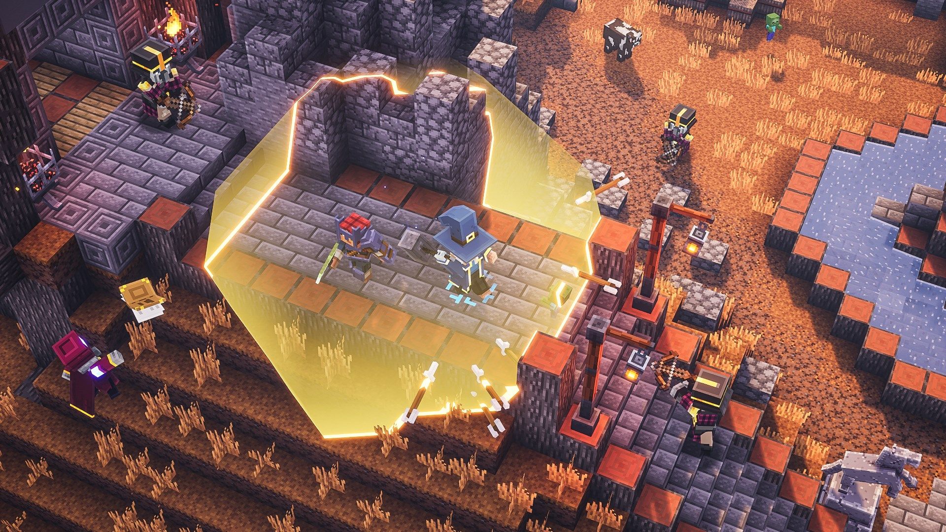 Two players walking through castle dungeon in Minecraft Dungeons