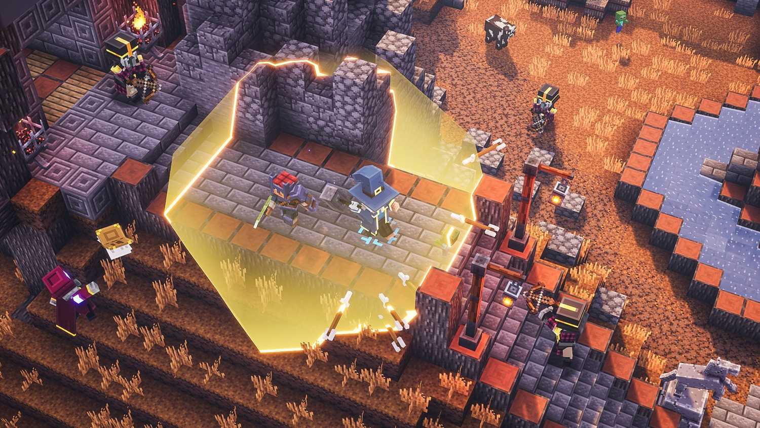 Two players walking through castle dungeon in Minecraft Dungeons