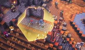 Two players walking through castle dungeon in Minecraft Dungeons
