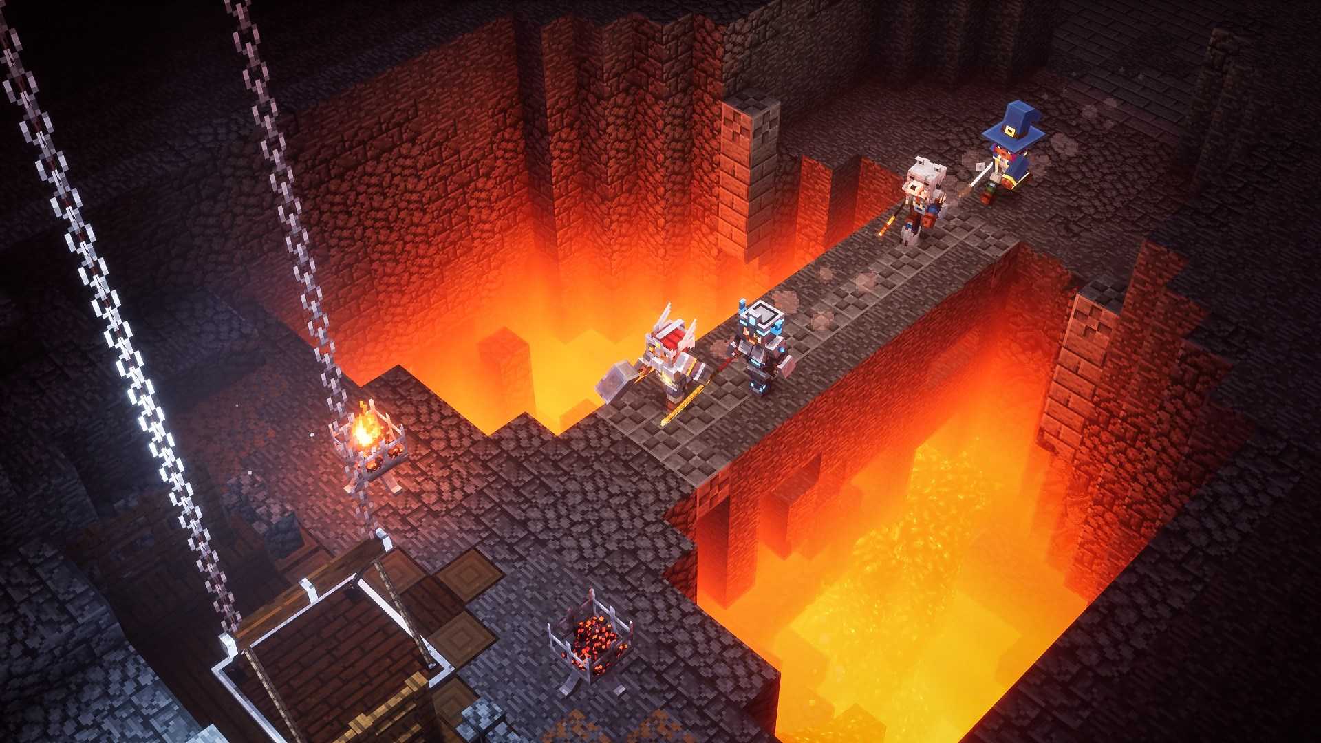 Players crossing bridge in Minecraft Dungeons