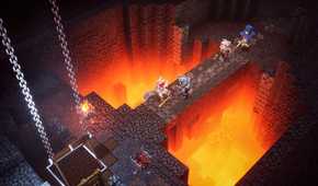 Players crossing bridge in Minecraft Dungeons