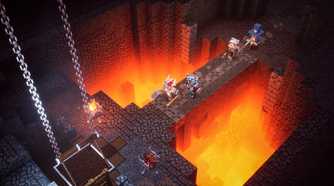 Players crossing bridge in Minecraft Dungeons