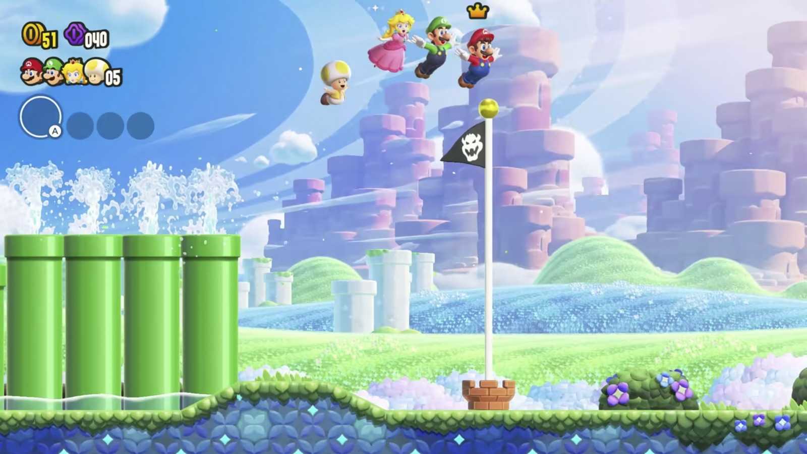 Players finishing a level in Super Mario Bros. Wonder