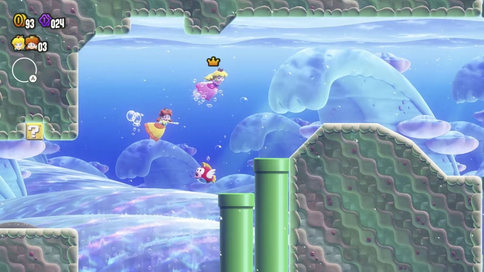 Screenshot of Daisy and Peach in water level Super Mario Bros. Wonder