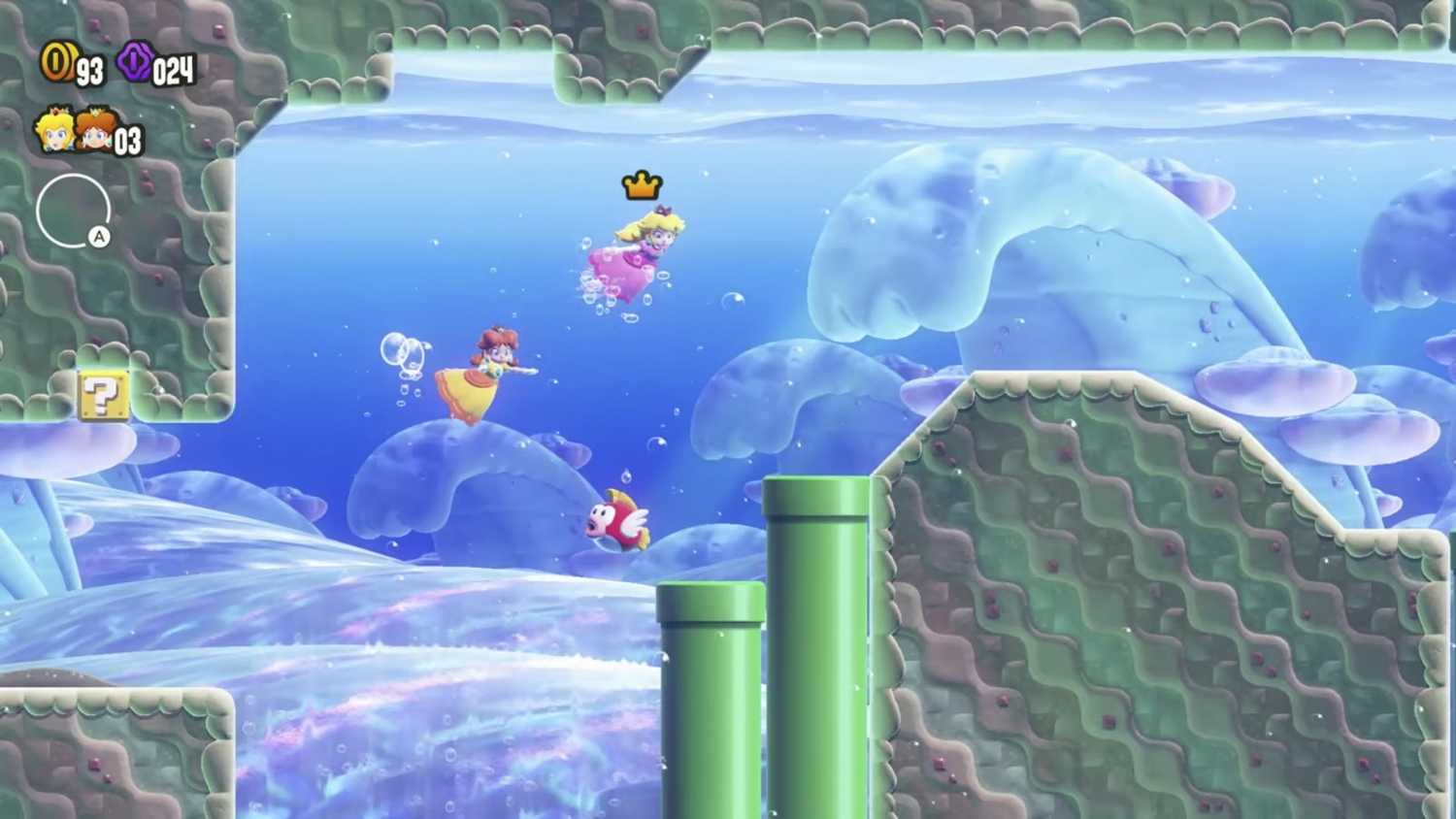 Screenshot of Daisy and Peach in water level Super Mario Bros. Wonder
