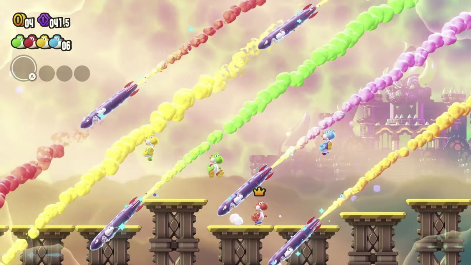 Screenshot of Yoshi and friends escaping bullet bills Super Mario Bros. Wonder