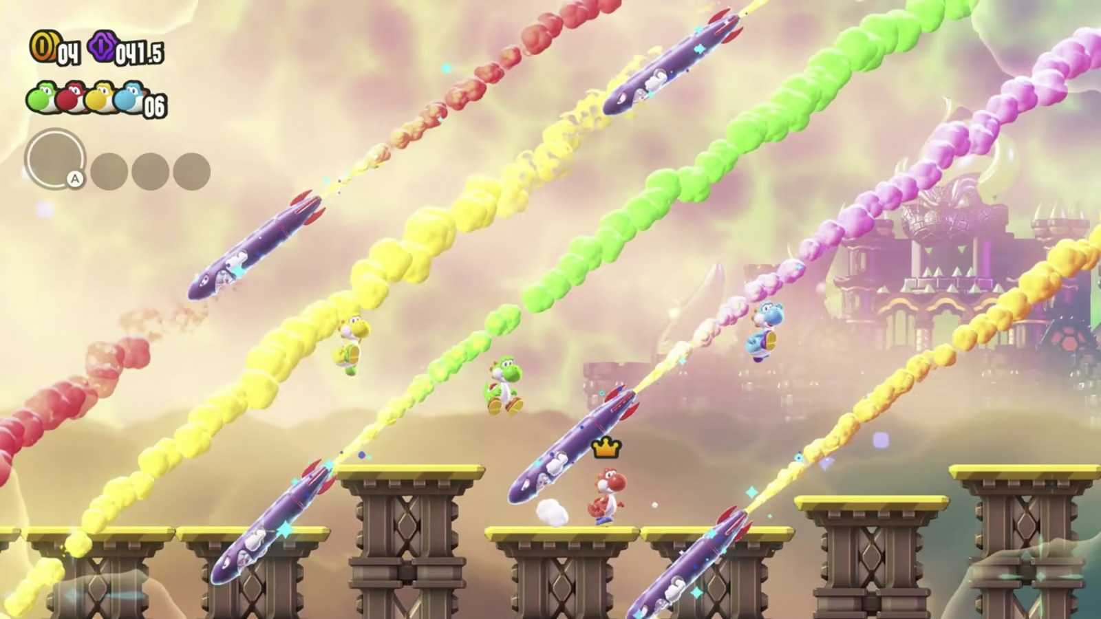 Screenshot of Yoshi and friends escaping bullet bills Super Mario Bros. Wonder