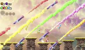 Screenshot of Yoshi and friends escaping bullet bills Super Mario Bros. Wonder
